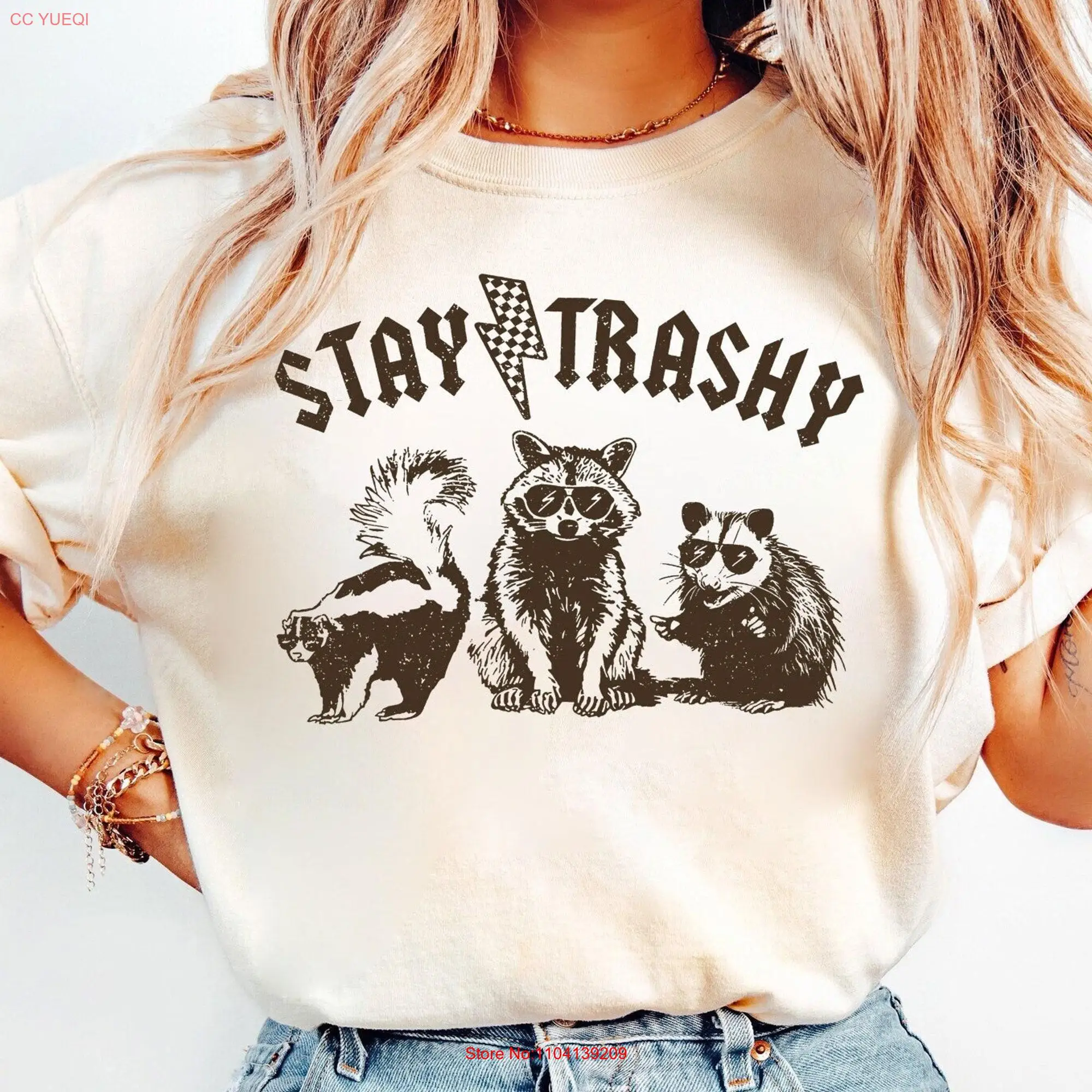 Stay Trashy Funny Racoon T Shirt Vintage 90s Meme Raccoon Trending Aesthetic long or short sleeves