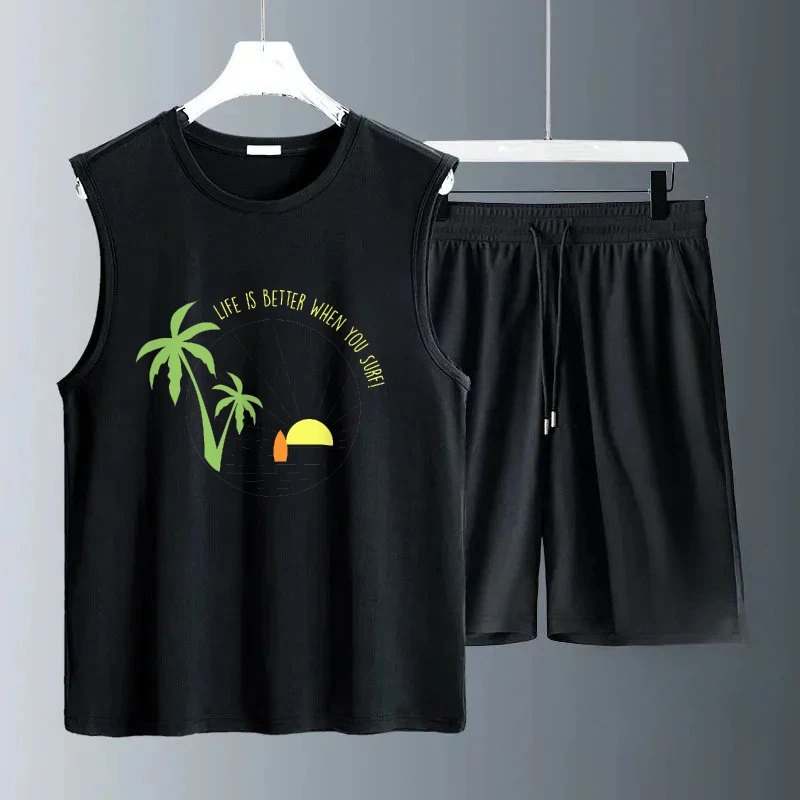

2025 Men's Summer Sleeveless Coconut tree simple print Casual Sets Breathable Daily Outfit Comfortable Fashionable suits gym set