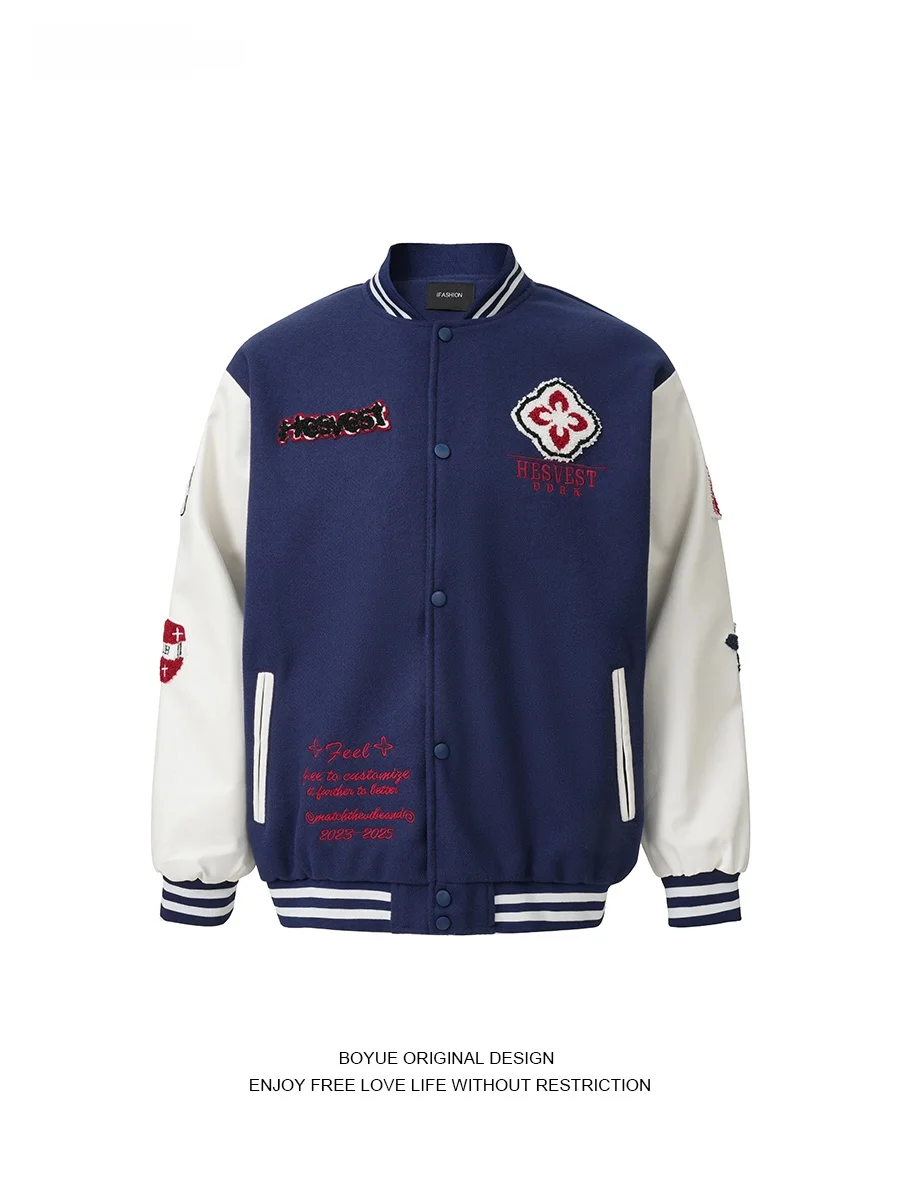 

Boyue Retro Towel Embroidered Baseball Jaet ex Street Sport Sle Splicing Couple Outerwear Casual Loose Fit Long Sve