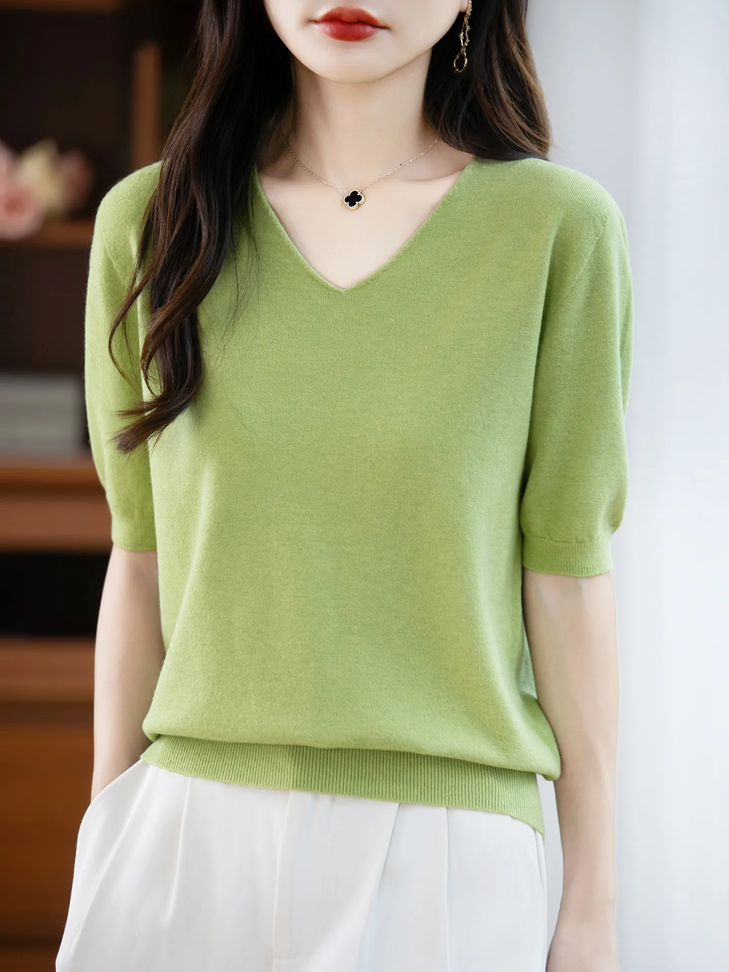 Seamless V-Neck Five-Quarter Sleeve Thin Knitted Top Loose Fit Overhead Commute Style Women's Spring Summer Breathable Soft