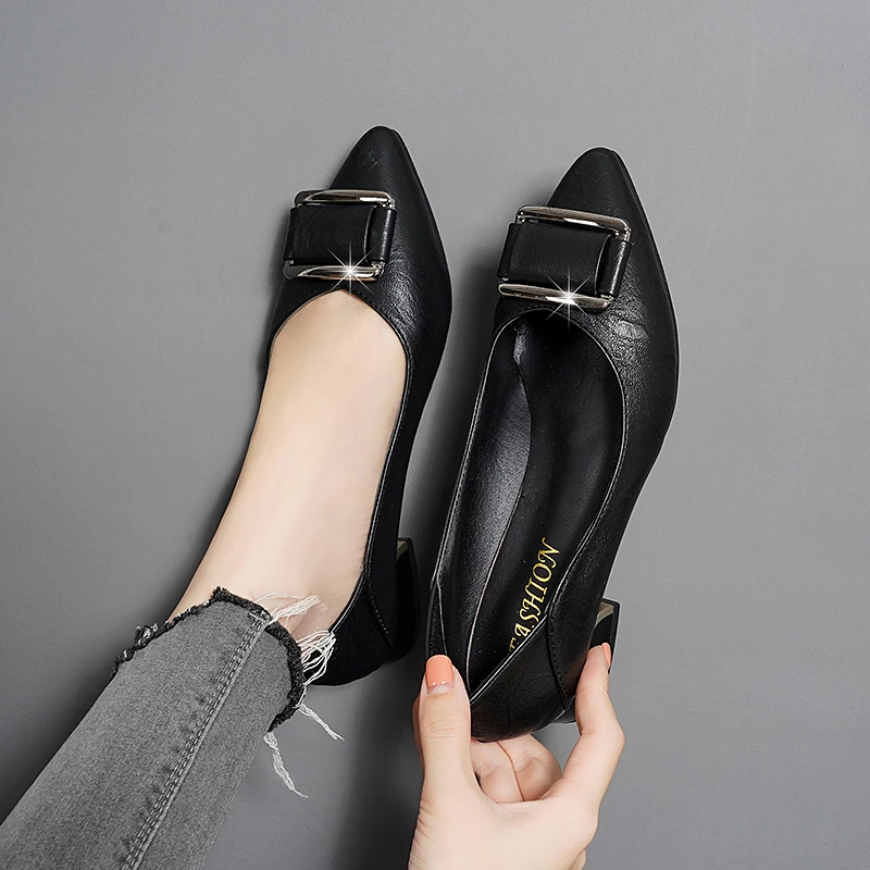 Square Heels Pointed Toe Pumps Shoes  Leather Med  V Mouth Casual Office Lady OL  5 Cm Heel