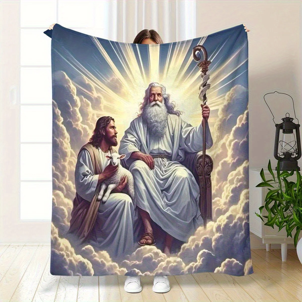 

1 Ultra Soft HD Polyester Flannel Blanket with Jesus and God Prints - Comfortable Digitally Printed Sofa Blanket, Home Office