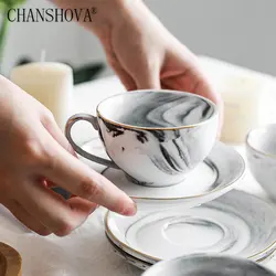 CHANSHOVA-Nordic Style Porcelain Mugs Set, Handmade Metal Edge Marbling Ceramic Coffee Cups, Tea Cup and Saucer Set, 120ml, T015