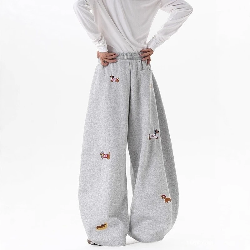 Women Couple Dachshund Embroidery Wide Leg Sweatpants Elastic Drawstring High Waist Joggers Kawaii Cartoon Dog Casual Trousers