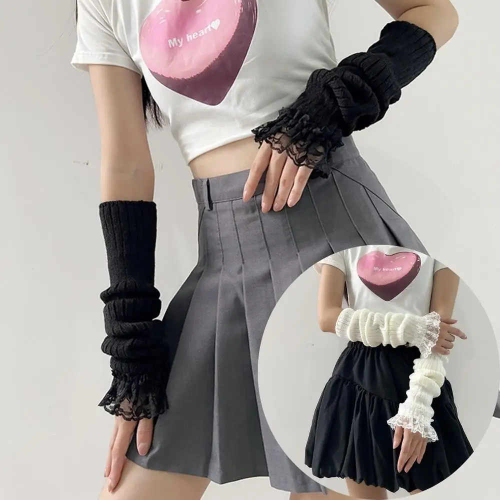 Y2K Sarung Tangan Pergelangan Tangan Panjang Tanpa Jari Ikatan Simpul Lengan Tebal Warna Polos Sarung Tangan Renda Ruffle Penghangat Lengan Rajutan Gotik Lolita