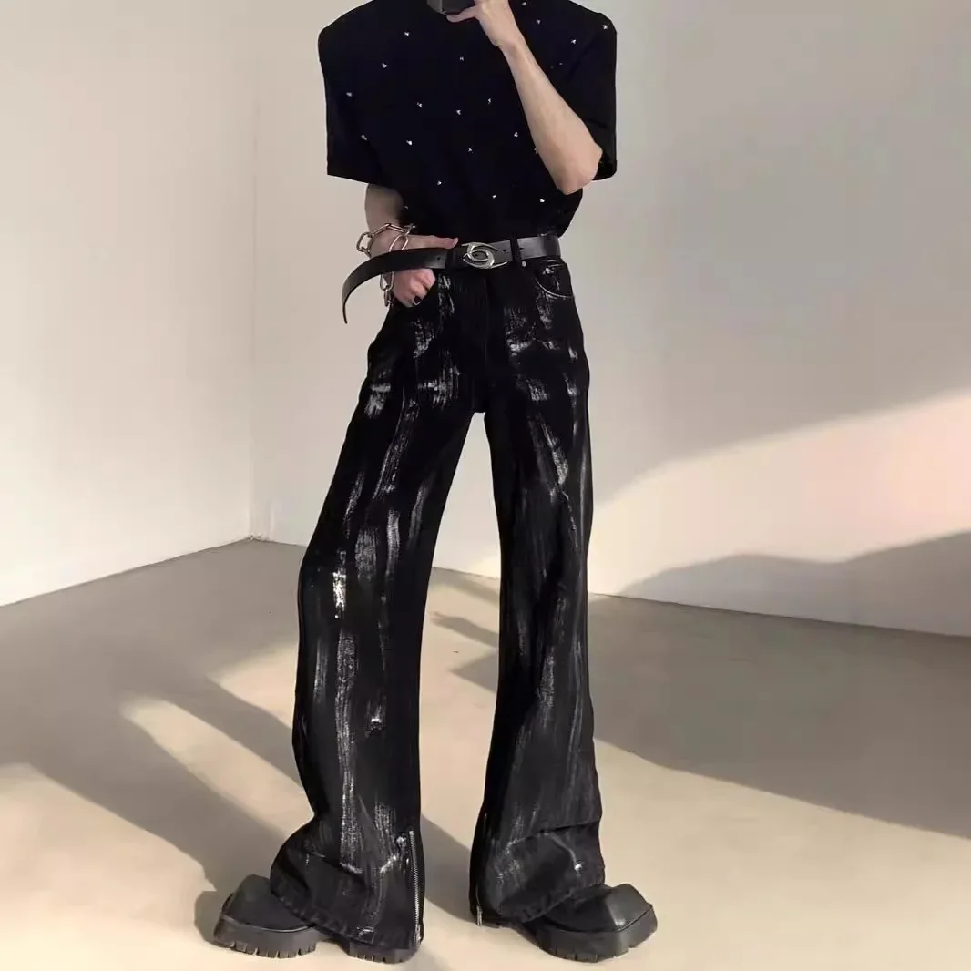 

Pop Men's New American-style Slim-fit Flare Jeans With Ink-splashing Design For Spring And Autumn, Fashionable High Street Style