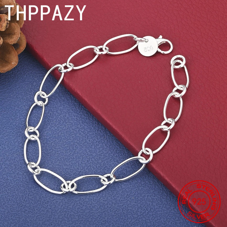 

THPPAZY 925 Sterling Silver Oval Bracelet 8 Inch Chain Fashion Simple Jewelry Birthday Christmas Party Gift Unisex