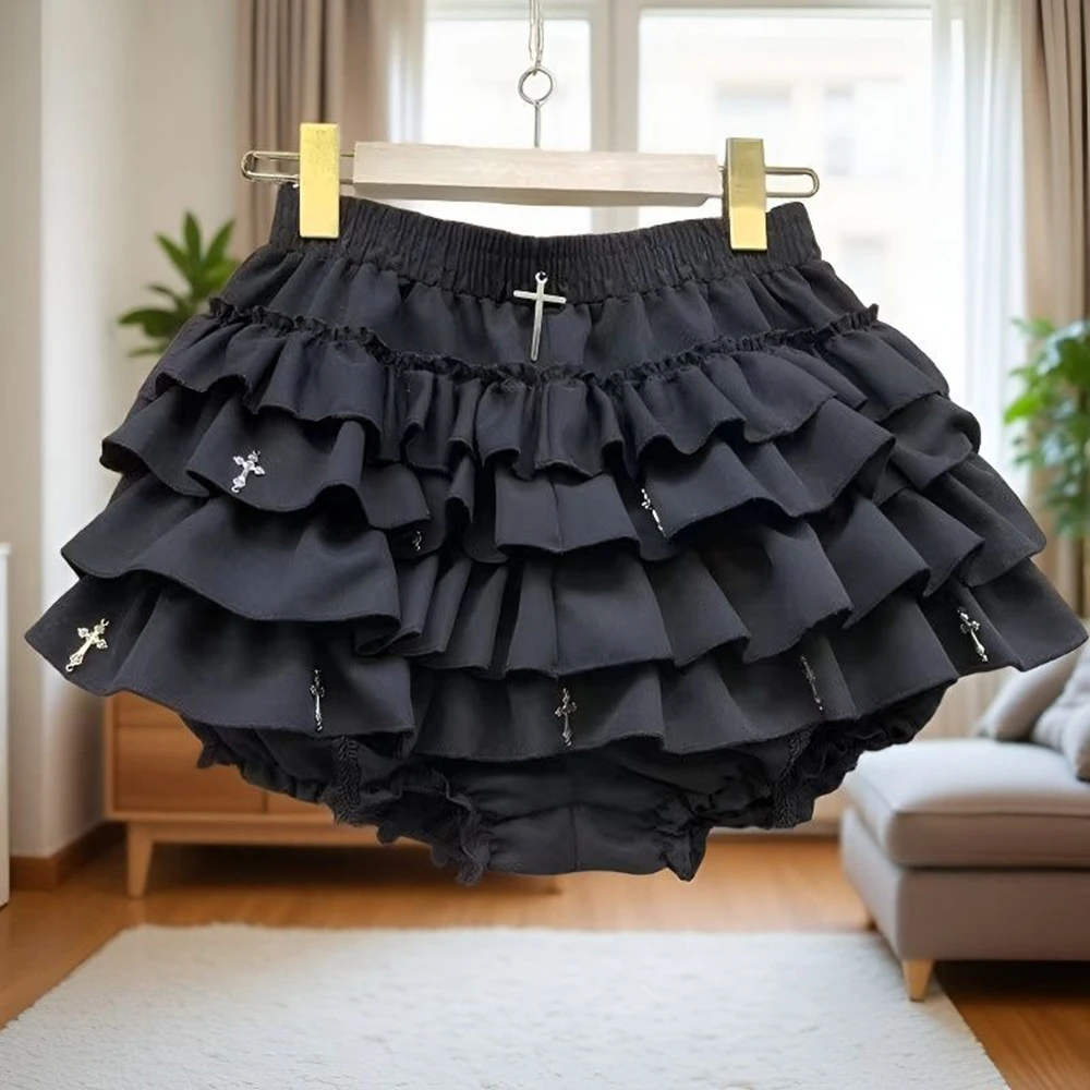 Women Skirts Tiered Ruffles Mini Skirts with Cross Charms Built-in Shorts Kawaii Sukapan Skort Gothic Punk Coquette Y2K E-girl