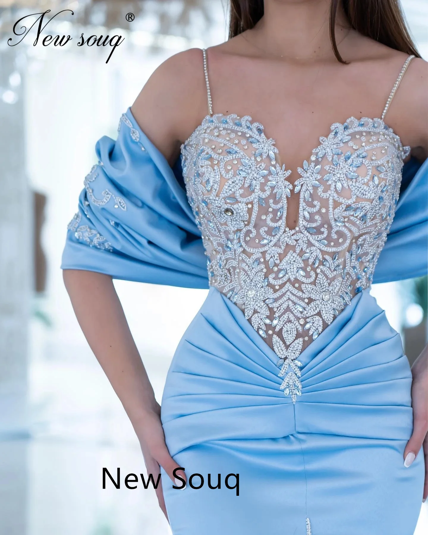 Robe de Rhsirène avec bretelles spaghetti pour femme, robe de soirée élégante, robe de Dubaï personnalisée, bleu, fête de mariage, 2023