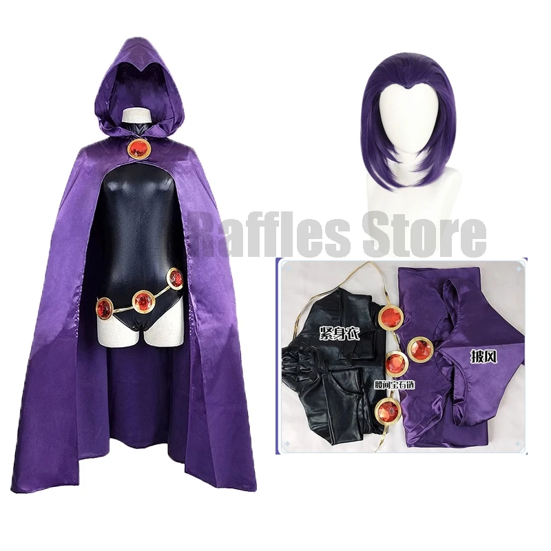 Tiener Cosplay Titanen Raven Cosplay Kostuum Pruik Superheld Paarse Mantel Jumpsuits Zentai Keten Halloween Vrouwen Feest Anime Kostuum