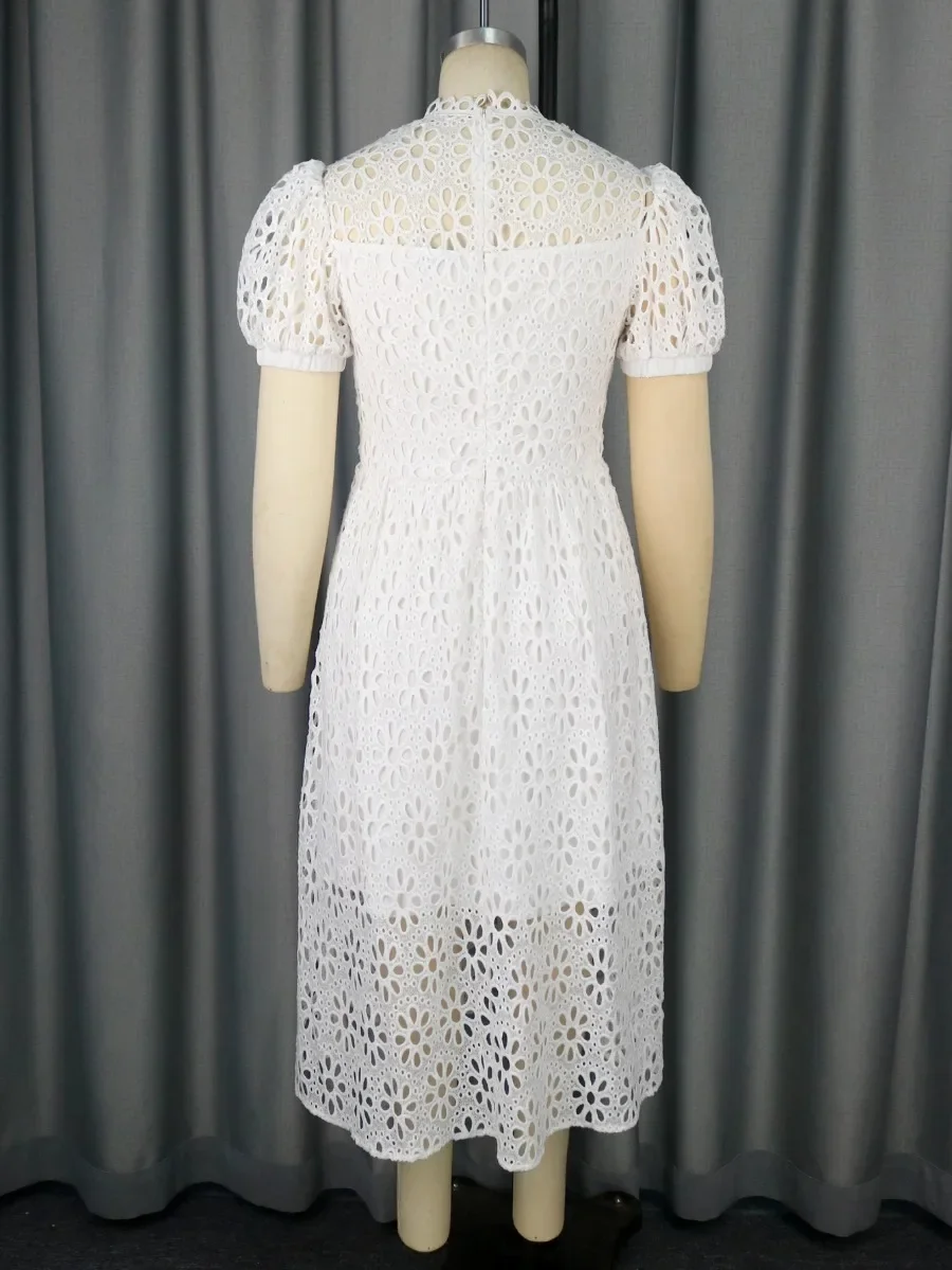 Plus Size 4XL Vintage White Lace Dress For Women Hollow Out Short Puff Sleeve Empire A Line Elegant Evening Cocktail Prom Gowns