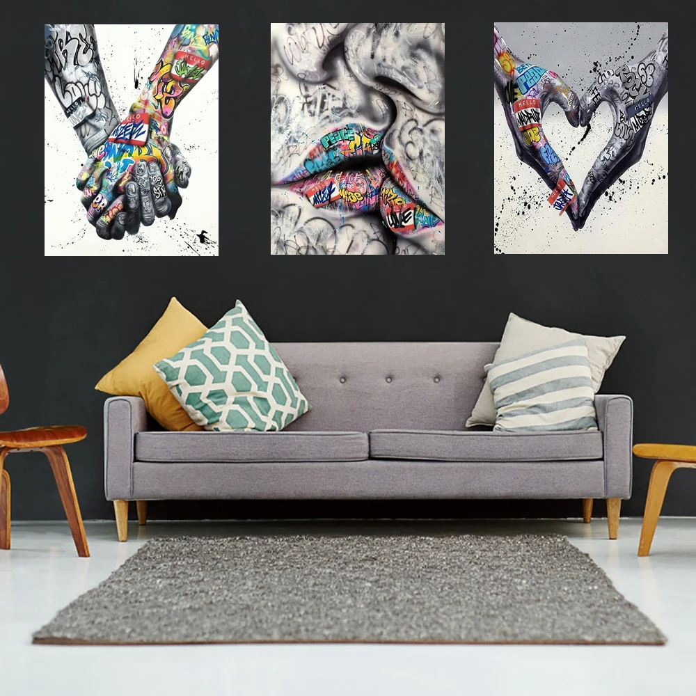 Fashion Graffiti Lover Canvas Wall Art Poster Prints Modern Black Art Couple Wall Painting Picture for Bedroom Living Room Decor