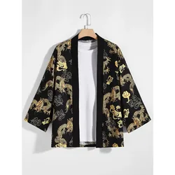 Men's Dragon Print Kimono Japanese Long Sleeve Loose Comfortable Yukata Japanese Clothing Haori Cardigan