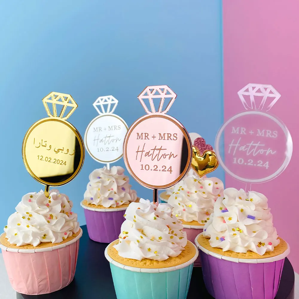Personalized Ring Cupcake Toppers Cake Charms Wedding Bridal Shower Cupcake Toppers Custom Anniversary  Acrylic Decoration image 5