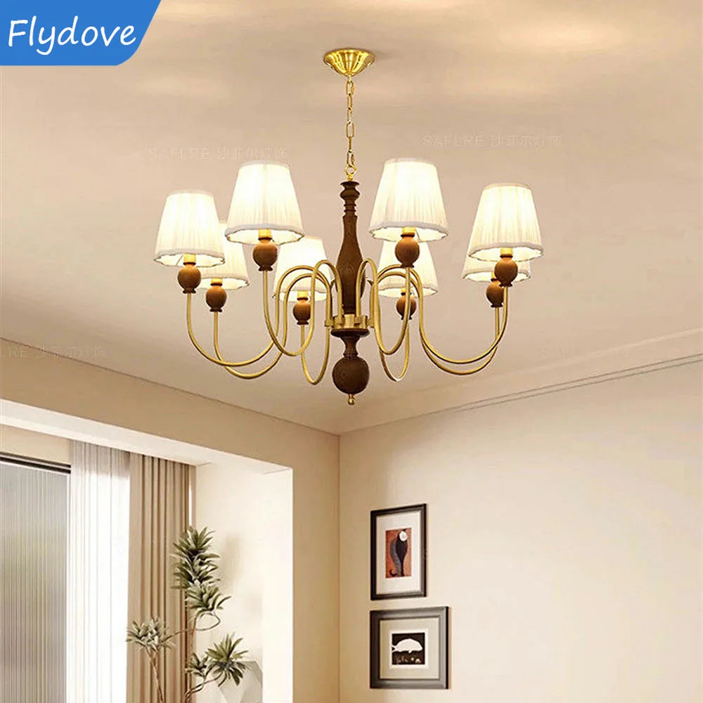 Copper Pendant Lighting Retro Living Room Fabric Chandelier Middle-Aged Style Room Bedroom Dining Room Hanging Lamp