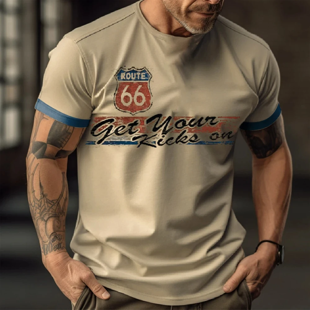 Summer Retro Men\'s T Shirt Route 66 Print Casual Short Sleeve T-Shirt Fashion Streetwear Male Oversized Clothing O-Neck Pullover