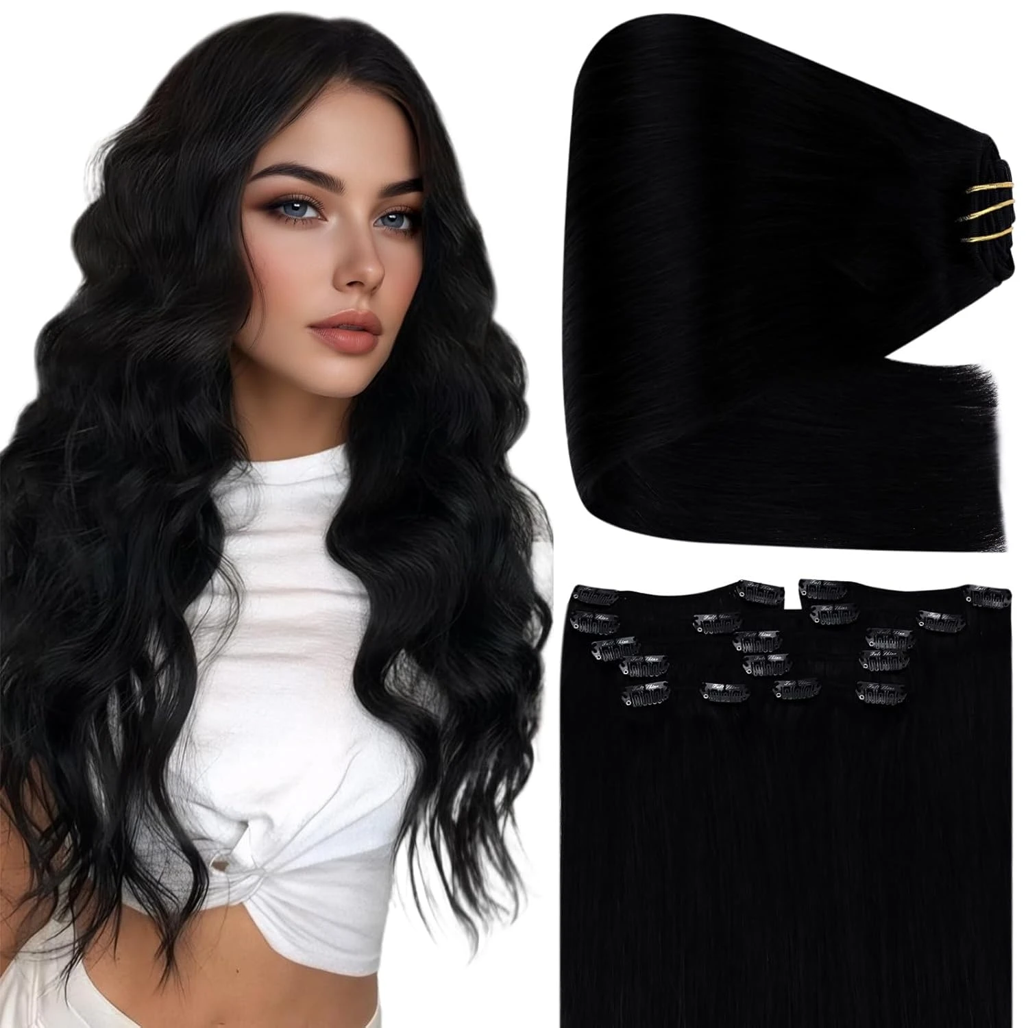 Fullshine Jet Black Clip in Hair Extensions Real Human Hair Double Weft Human Hair Extensions Clip ins
