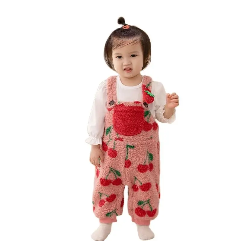 Cherry Printed Children Plush Jumpsuit 2023 Fall Winter Toddler Girls Strawberry Lamb Fleece Thickened Warm Strap Pants