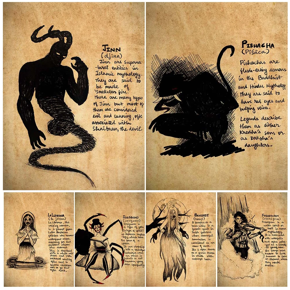 Fossegrim,Jinn,Pishacha,Jorogumo Folklore Creatures Vintage Wall Art Canvas Painting Demon Monster Illustrated Art Poster Print