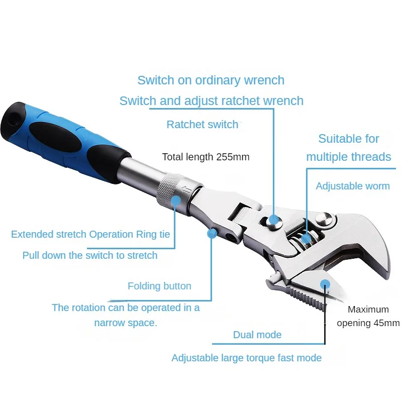 10 Inch Ratchet Adjustable 5-in-1 Torque Wrench Can Rotate And Fold 180 Degrees Fast Wrench Pipe Wrench Repair Tool