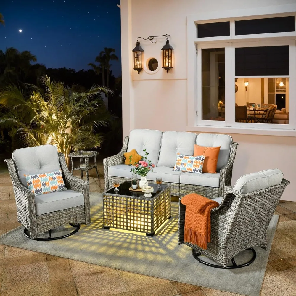 

Outdoor 5-piece Set with Swivel Rocking Chair, Terrace Furniture, High Back Sofa, and Illuminated Coffee Table