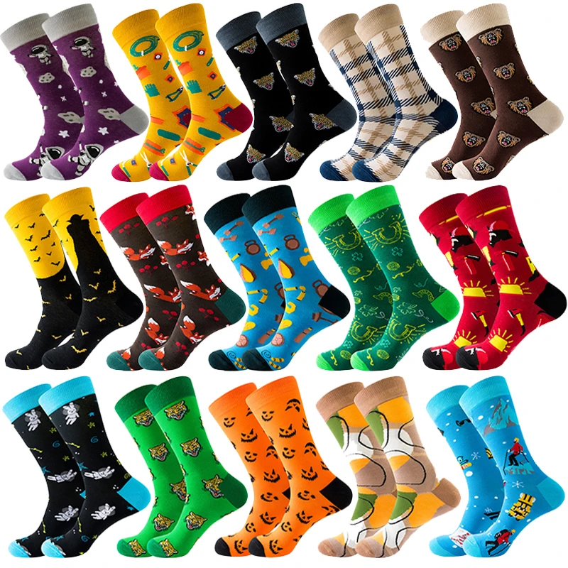 2022 New Men\'s Socks Funny Animal Plaid Socks Astronauts Fruit Harajuku Socks Fashion Street Fashion Men\'s Cotton Socks