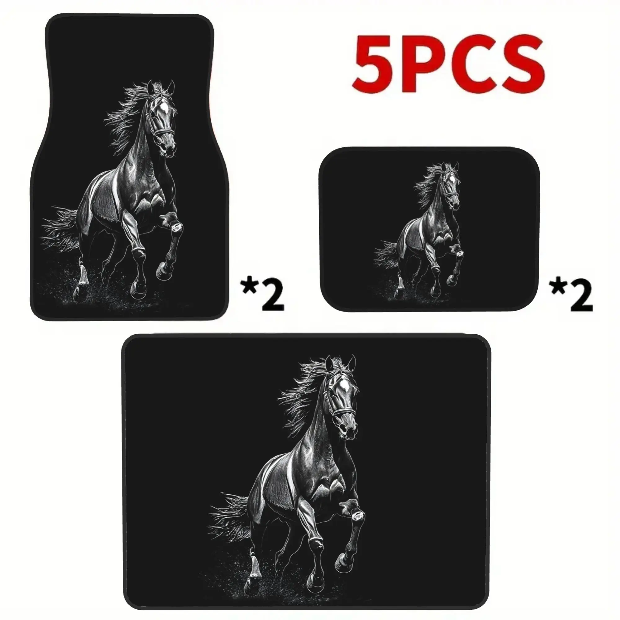 5pcs 2D Printed Galloping Horse Print Car Floor Mats & Trunk Mat Set, 4 Floor Mats + 1 Trunk Liner, Enhance Vehicle Comfort, Hal