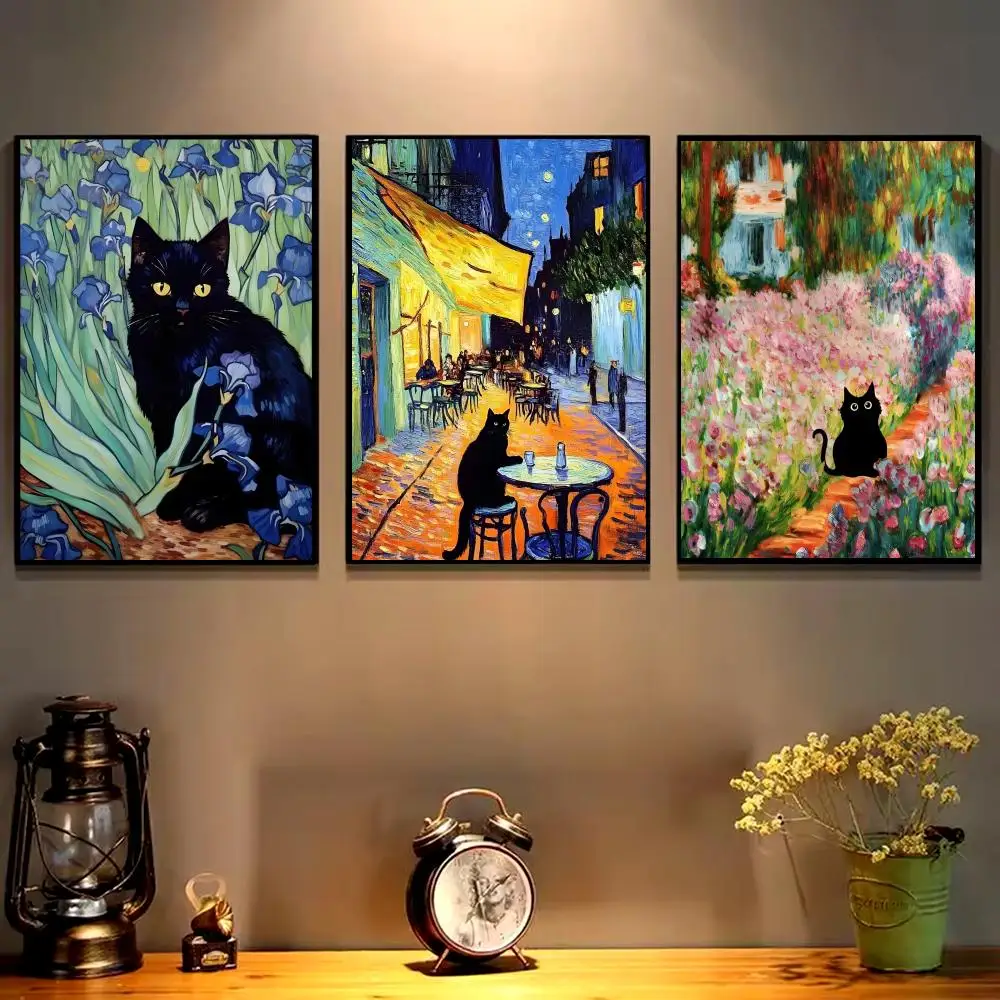 Cat V-Van G-Gogh Sunflowers Painting Calligraphy HD Print Canvas Poster Wall Mural Art Poster Photos for Living Room Home Decor