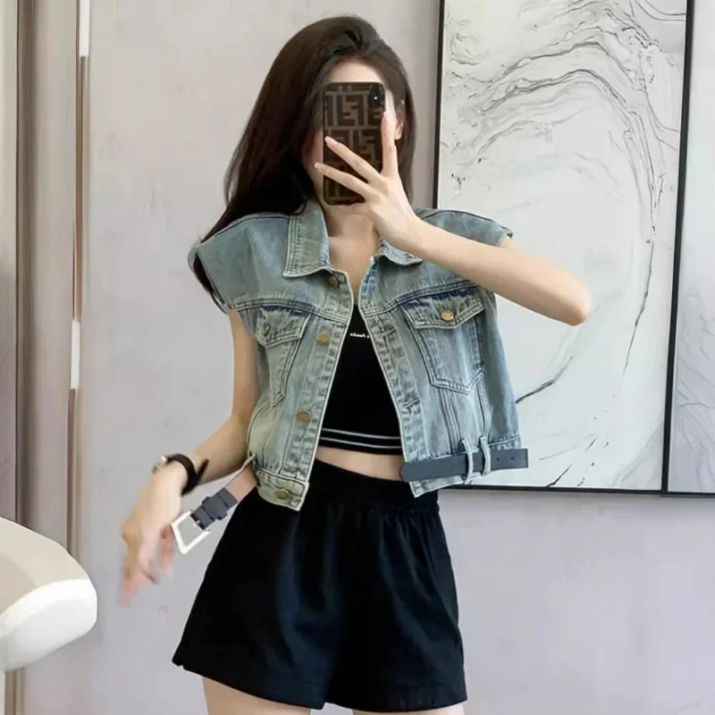 

Summer Korea Style Design Denim Vest Women's Age Reduction Small Fly Sleeves Loose Retro Camisole Short Jacket Trendy Top