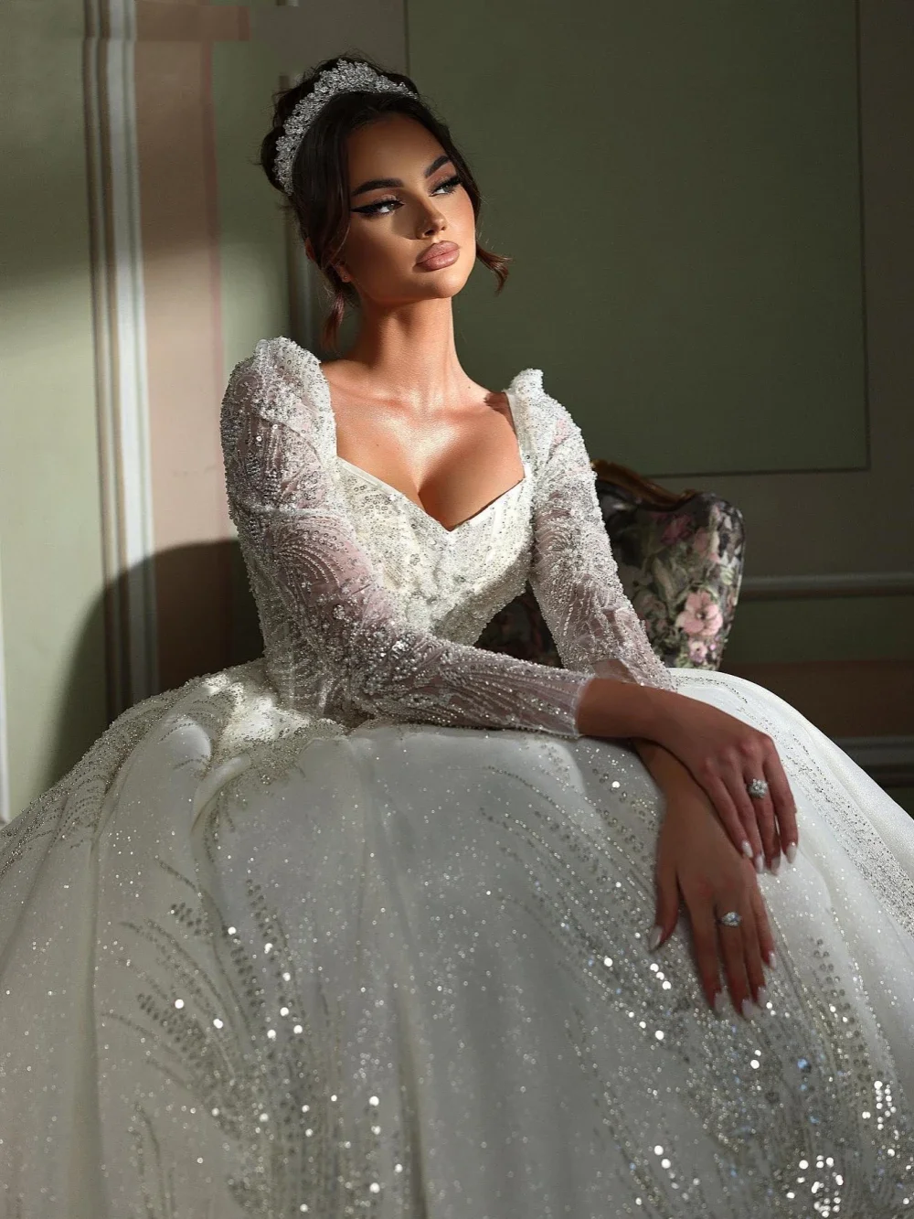Customized Beaded Long Wedding Dresses 2025 Train Modest Long Sleeve Bridal Gown Charming Princess Dresses For Bride