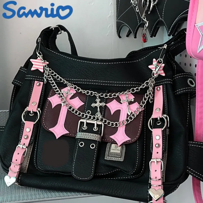 

Sanrio Hello Kitty Gothic Punk Vintage Pink Cross Chains Crossbody Bags For Y2k Trend Tote Bag Women Hot Girl Handbag