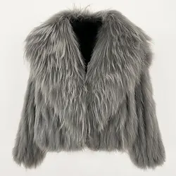 Winter Overcoat Natural Fur Collar Real Natural Raccoon Fur Jacket New Fluffy Luxury Fur Knitted Coat Women Outerwear Short