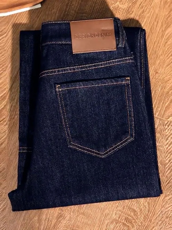 

Retro Denim Blue Women's Spring Autumn Slim Wide Leg Pants Straight Cut Casual High Waist Jeans Comfortable Wear Resistant