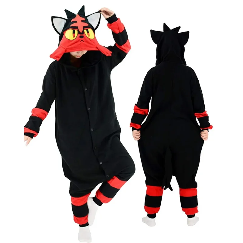 Women Pajamas Pokmoon Onesie Litten Kigurumi Anime Jumpsuit with Long Sleeves and Hood Halloween Christmas Cosplay Costume Party