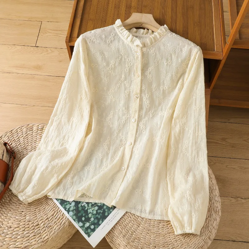 

Chinese Style Women's Blouses Embroidered Vintage Shirts Fashion Loose Summer Clothing Long Sleeved Cotton Linen Women Tops