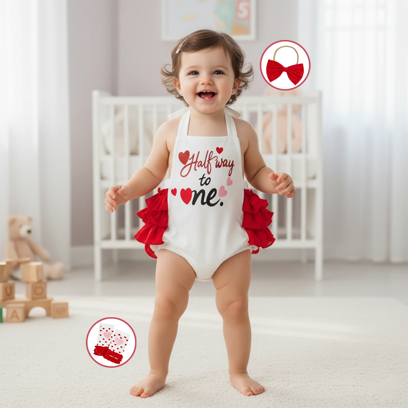 2026 السنة الجديدة طفل الفتيات عيد ميلاد الزي أكمام الرسن كشكش رومبير عقال تدفئة الساق عيد الميلاد مجموعة ملابس الرضع