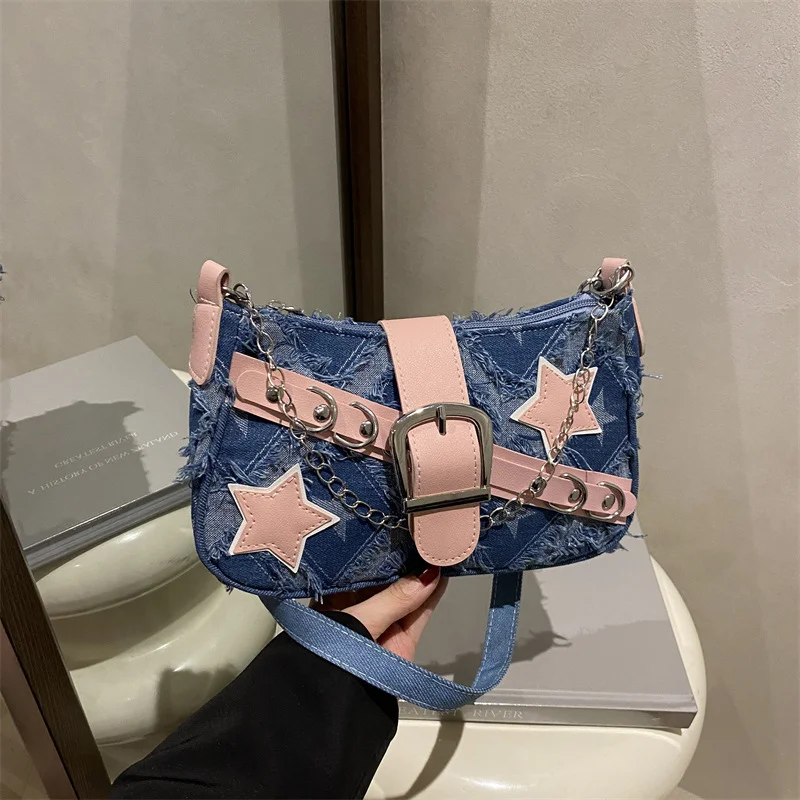 

Fashion Cool Girls Denim Shoulder Crossbody Bags Vintage Chain Women's Underarm Bag Y2k Star Portable Female Hobos Handbags