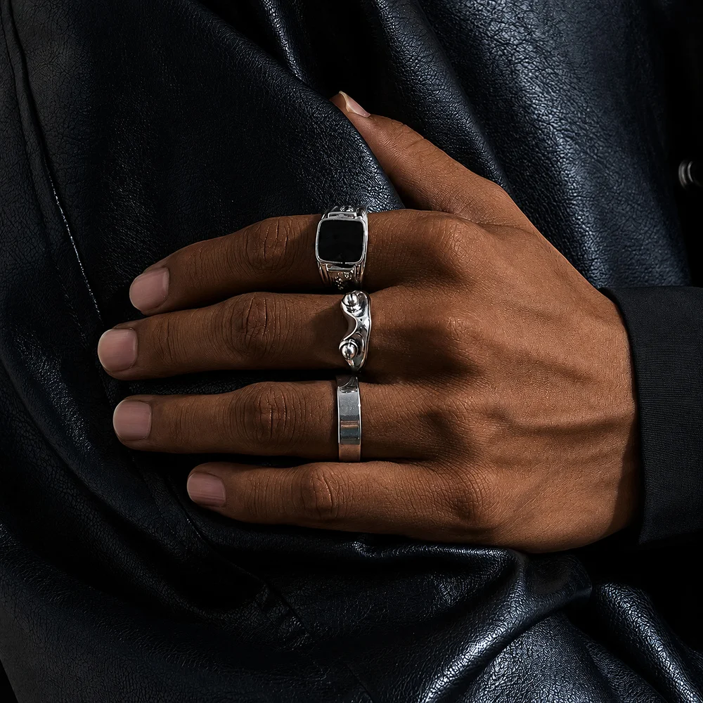 Geschnitzter Frosch Ring-Set mit quadratischer Platte für Herren, silberfarben, polierter Schmuck, verziertes Siegelring-Detail, kühne abstrakte Ringe – Detail 1
