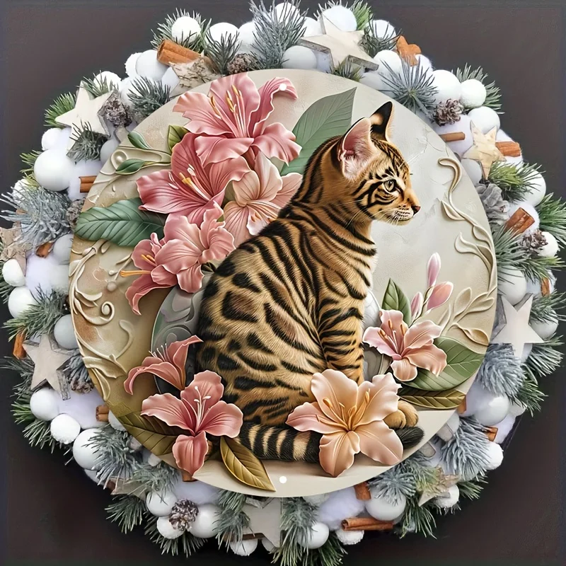 

Aluminum Metal Cat and Floral Wreath Wall Decor, HD Printed Circular Sign, Weather Resistant for Home and Tavern Decoration