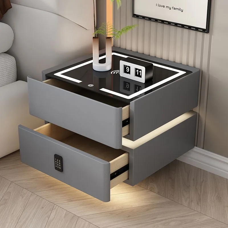 طاولة سرير ذكية من الخشب الفاخر الحديث مع إضاءة LED ومكبرات صوت شحن لاسلكية وبصمات الأصابع مع درج لغرفة النوم وأثاث أبيض