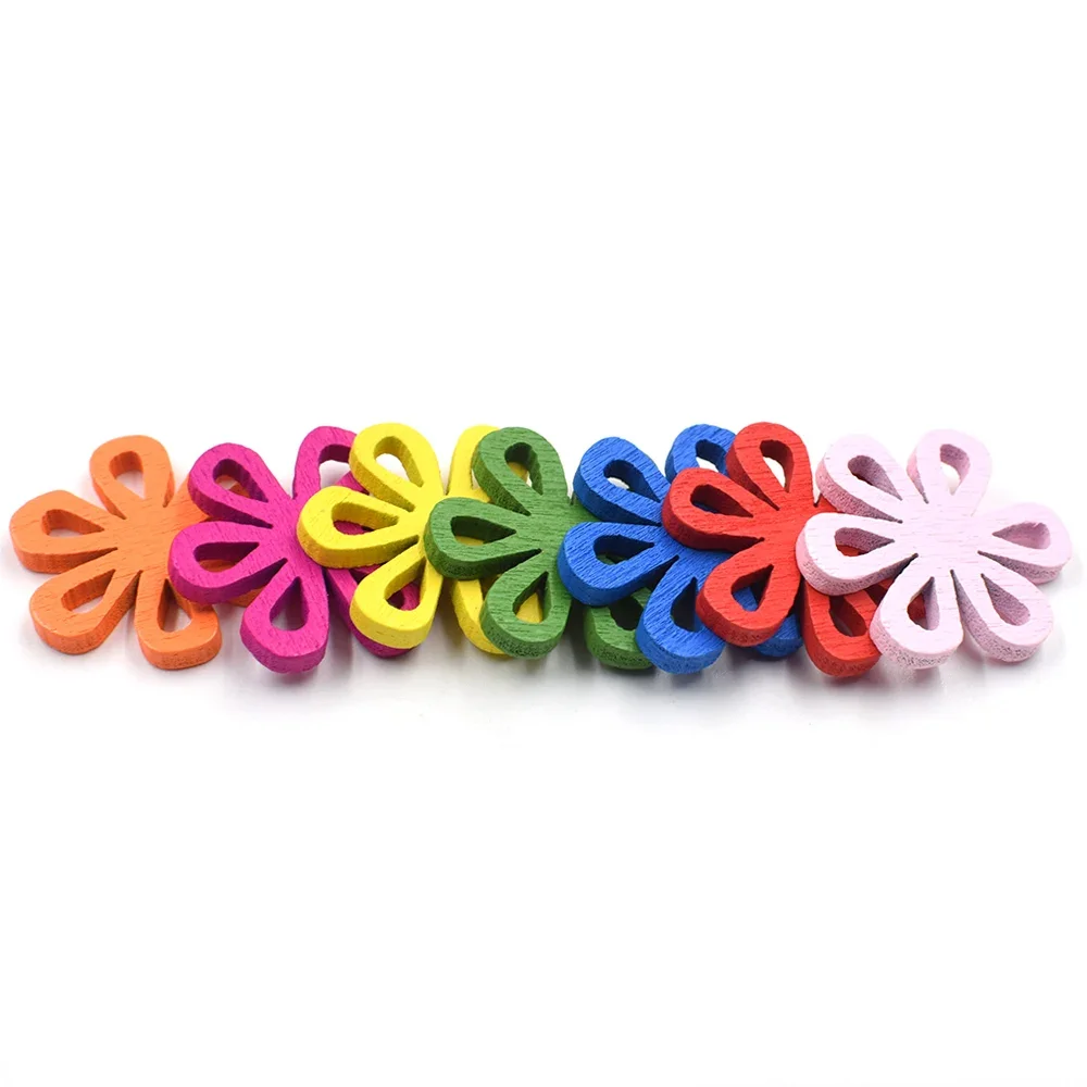 50pcs random mixed colors Flower Shape Wood Buttons  for Handwork Sewing DIY Clothing Crafts Accessories Gift Card Decor - view 3