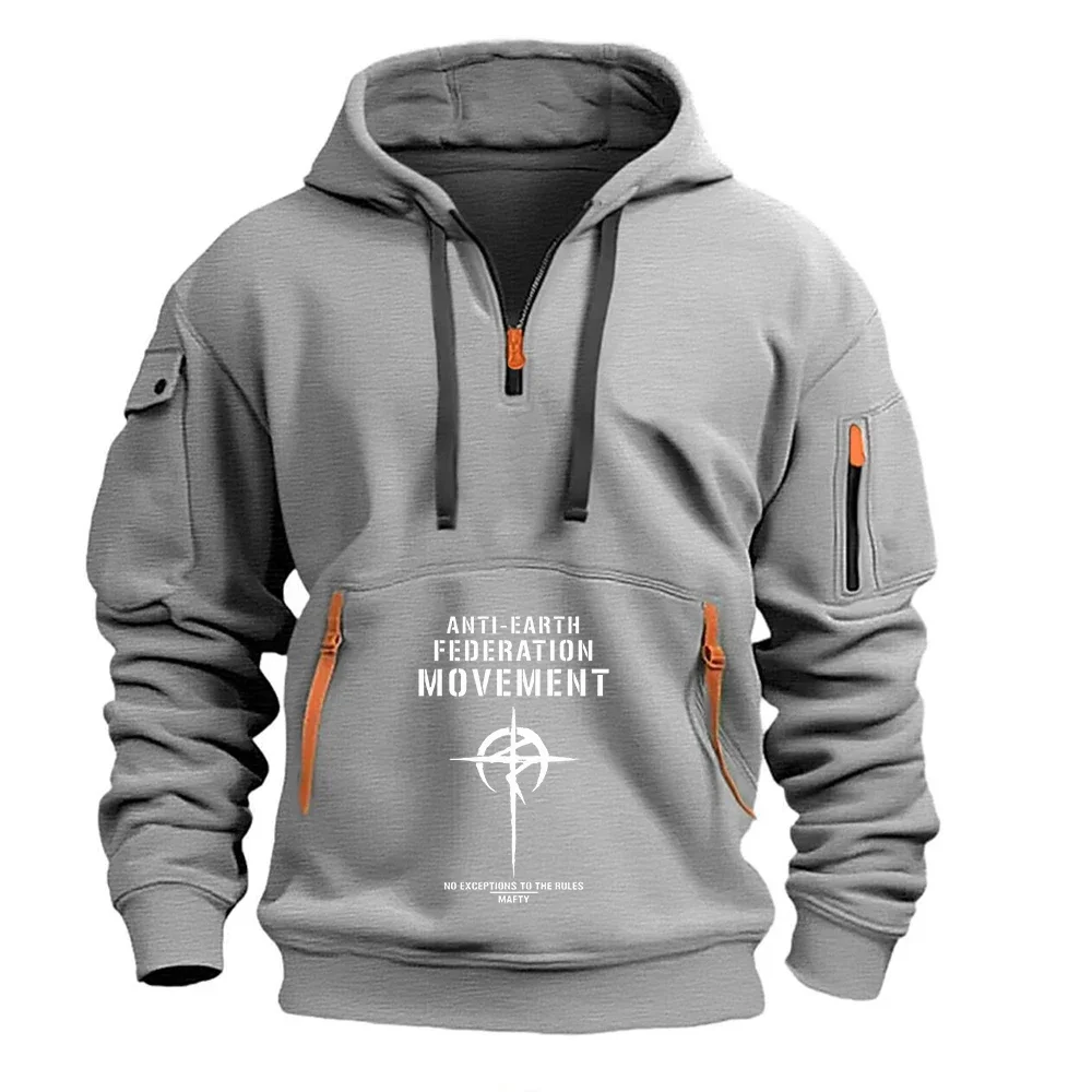 Anime Gundam Anti-Earth Federation Movement Kapuzenpullover mit halbem Reißverschluss, schweres Herren-Sweatshirt mit mehreren Taschen im Streetwear-Stil – Detail 4