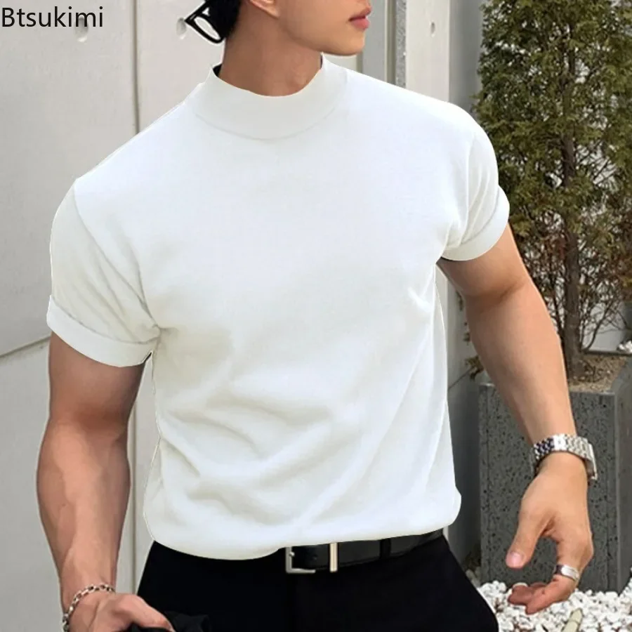 New Men's Casual Solid T-shirts Korean Style High Collar Short Sleeve Pullover Tops Trendy Streetwear Summer Male Bottoming Tees