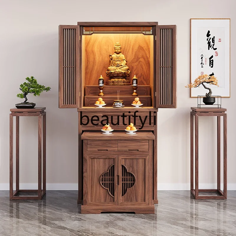 

01A Solid wood offering table Shrine platform Black walnut cabinet with door Shrine offering table