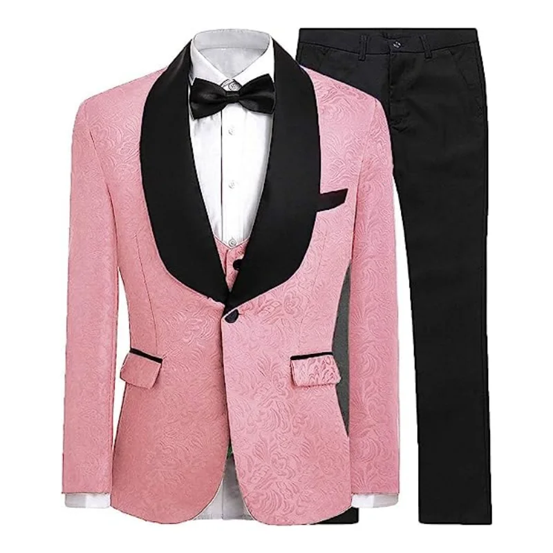 

Men Suit 3 Pieces Pink Slim With Double Breasted Shawl Lapel For Business Wedding Groom Tuxedos Jacket Vest With Pants