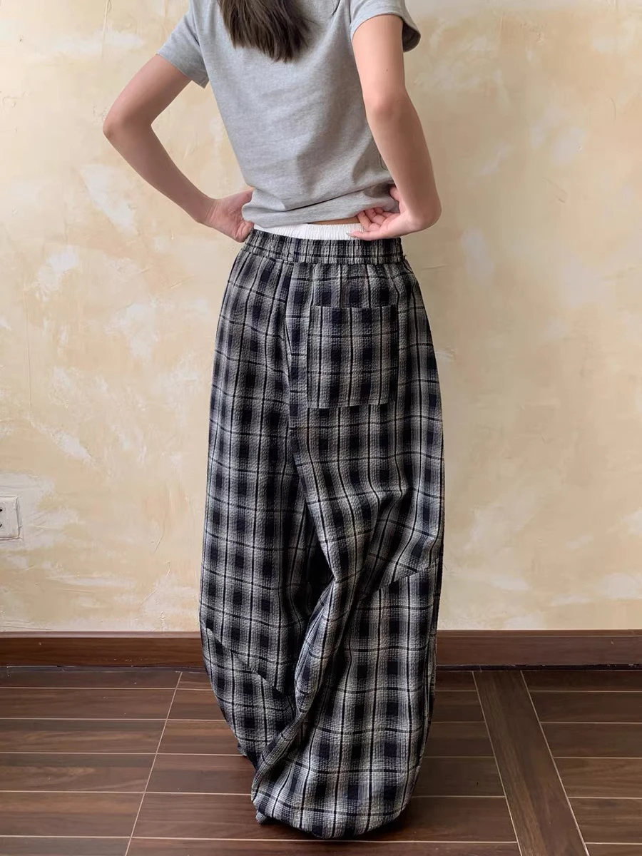 

American Sle Plaid Loose Wide Leg Casual Pants ex Retro Streetwear Versatile Long Trousers Straight Cut Elastic Waist