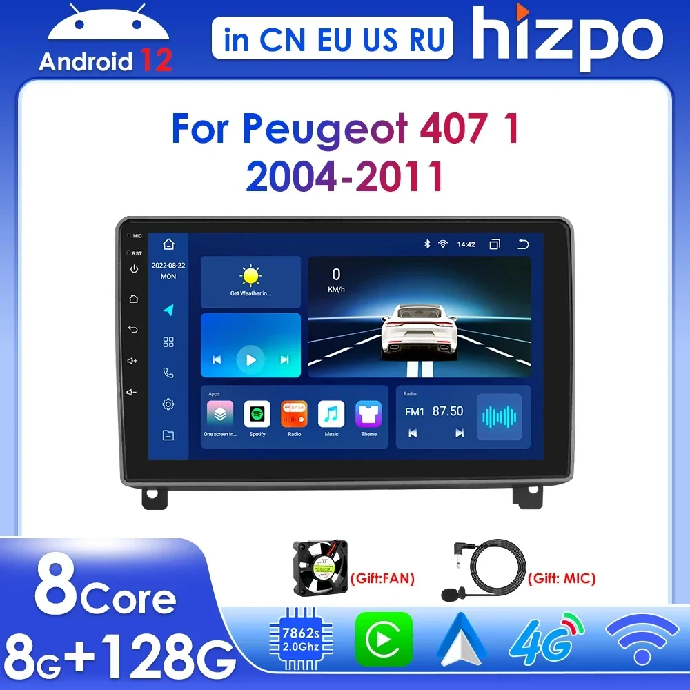 Hizpo 9 "Carplay 2 Din Android 13 voor Peugeot 407 1 2004 - 2011 Autoradio Multimedia Speler GPS Navigatie Stereo BT 4G RDS DSP