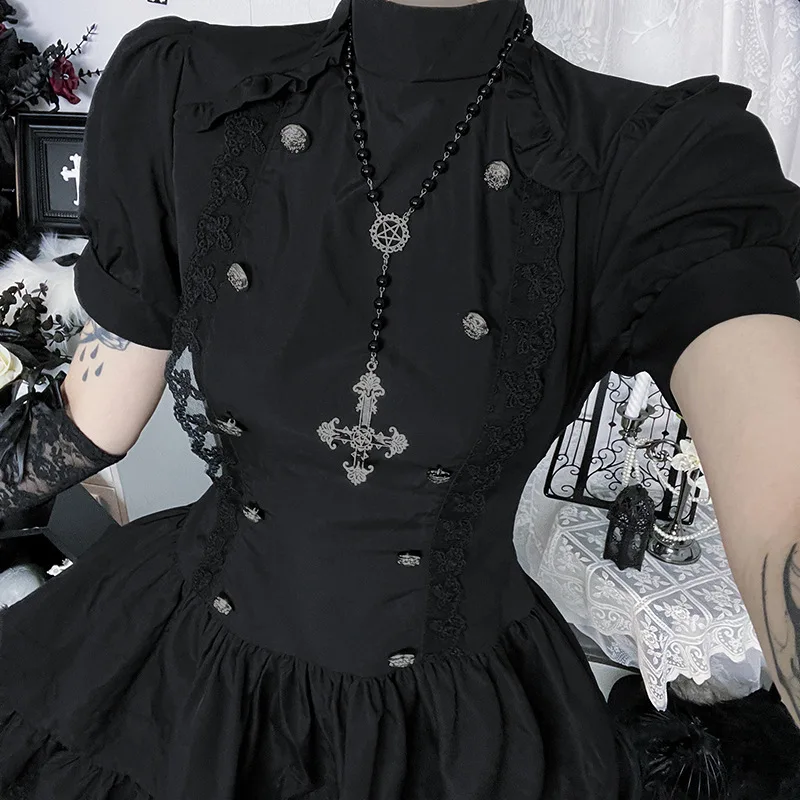 Vestido de lolita Vintage gótico oscuro francés de verano para mujer Y2K estético Punk Puffed manga Mini vestido Harajuku ropa subcultural