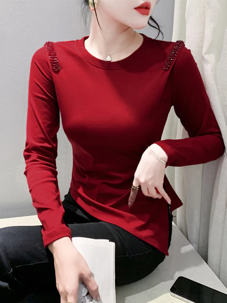 Langes Sve-T-Shirt für Damen, seitlicher Schlitz, schwere Stickerei, Basis, Irt, schlankmachend, vielseitig, erschwinglich, Frühling und Herbst, Baumwollmischung