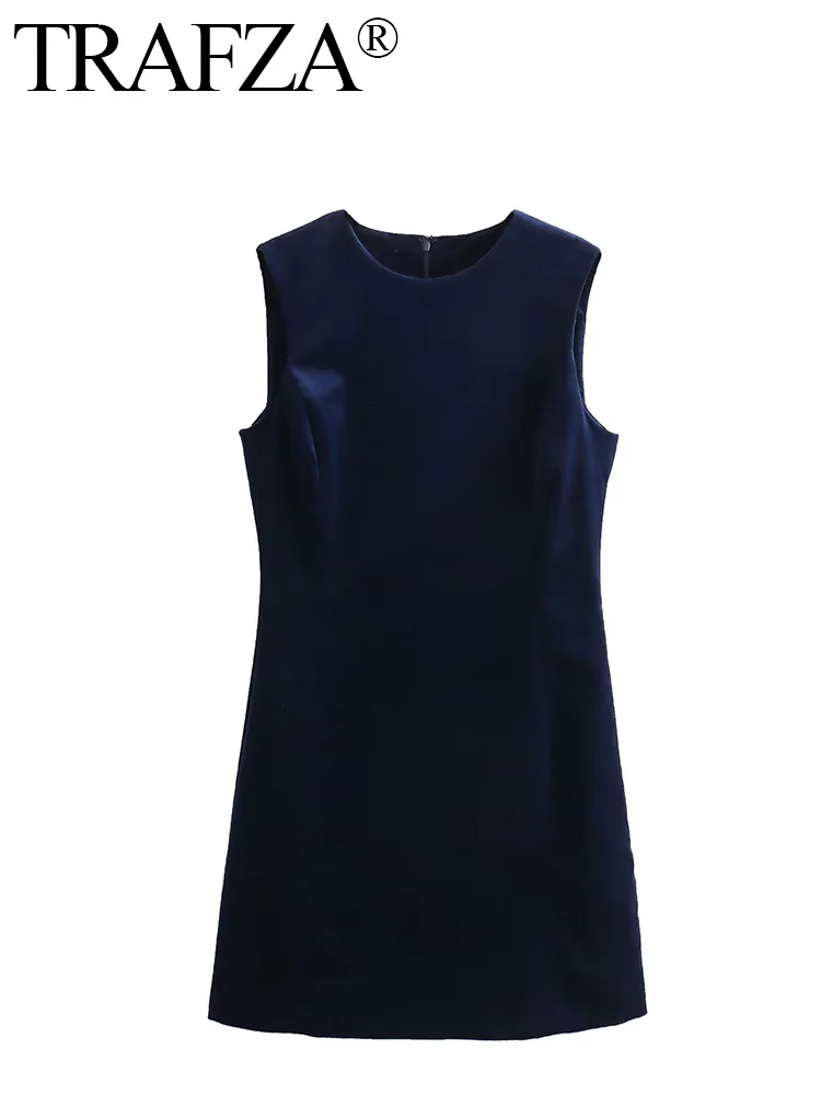 TRAFZA 2024 donne Vintage Navy abito in velluto donna inverno elegante abiti da festa Mini abito donna senza maniche abiti corti